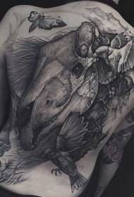 modello di tatuaggio uccello e farfalla teschio di dinosauro nero stile incisione posteriore