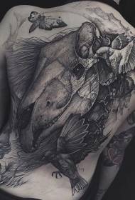 hrbtni gravura slog črni dinozavrov lobanja ptica in metulj tatoo vzorec