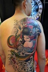 înapoi modelul de tatuaj colorat în stil geisha și șarpe