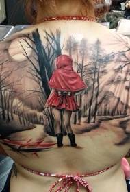წითელი კაბა პატარა გოგონას ტატუირების ნიმუში უკანა ტყეში