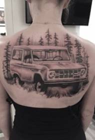 dziewczyny z powrotem czarny szary szkic punkt cierń umiejętności dominujący samochód krajobraz tatuaż zdjęcia