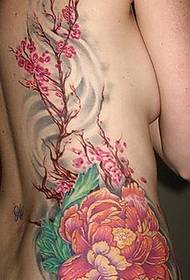 美女側腰牡丹花朵紋身圖案