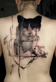 muguras sirreālā stila melnā kaķa tetovējums