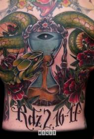 modello tatuaggio rosa e serpente a forma di clessidra sanguinante sul retro