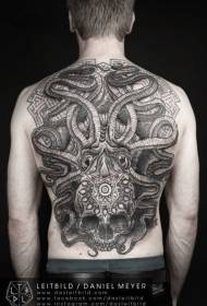 puna leđa crno-bijeli uzorak tetovaže hobotnice u stilu Aztec