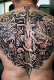 Mbrapa demonit monstër dhe fantazi shpatë model i tatuazhit të zi dhe të bardhë