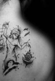 Pozadina crna linija ubada žena i uzorak tetovaže Vage