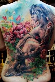 πίσω όμορφη στυλ απεικόνισης γυμνή γυναίκα με μοτίβο τατουάζ λουλουδιών