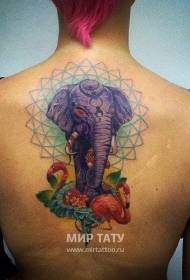 回幻想顏色大象與火烈鳥和花卉紋身圖案