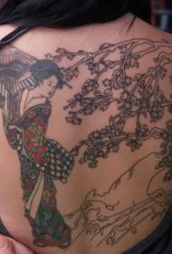 다시 아시아 스타일 게이샤와 꽃 나무 문신 패턴