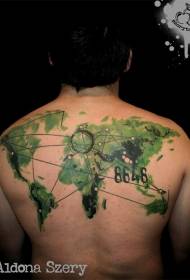 indietro mappa del mondo verde e percorso modello di tatuaggio digitale