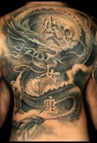 Patrón de tatuaje de estatua de dragón asiático antiguo estilo negro-gris de espalda completa