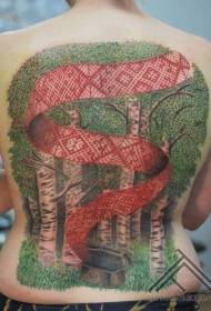 detrás Bosque profundo de cores con tatuaje de cinta vermella