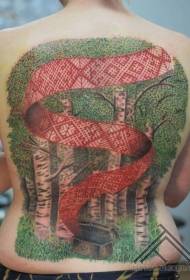 indietro Foresta profonda colorata con motivo tatuaggio a nastro rosso