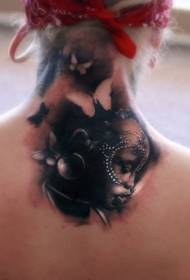 back colored tribal women portrait and butterfly tattoo pattern