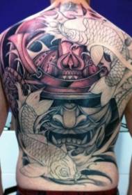 Zréck asiatesch Stil faarweg Samurai Helm a Blieder Tattoo Muster