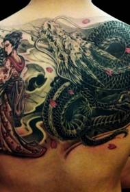 indietro geisha di colore glamour e motivo tatuaggio drago
