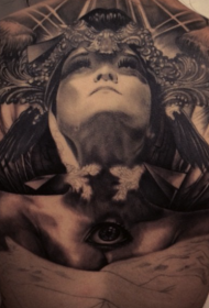 tillbaka enorm mystisk forntida kvinna med tatueringsmönster för pyramider och ögon 73922 - Rygg keltisk knutstil svart mystisk manlig tatueringsmönster