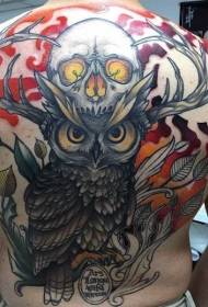 indietro strano demone corna colorate con gufo Motivo a tatuaggio