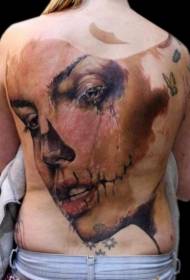 背部令人毛骨悚然的写实哭泣女人脸纹身图案