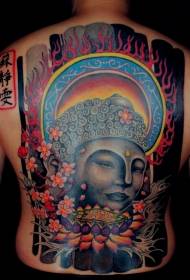 пълен гръб цвят в азиатски стил като статуя на Буда и модел лотос китайски татуировки