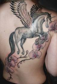 mmbuyo mumayenda maluwa okongola ndi tattoo ya unicorn