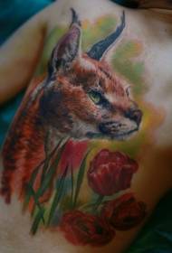 обратно невероятен цвят реалистичен стил модел дива котка цвете татуировка