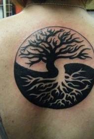 Muguras melnā un baltā Āzijas Iņ Jangas tenkas simbols un koka tetovējums