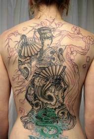 padrão de tatuagem de gueixa e dragão de costas completa