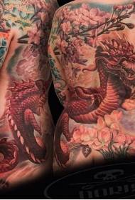 Patrón de tatuaje de dragón y árbol floreciente de color asiático de estilo asiático completo