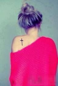 girls back black line classic minimalist cross tattoo pattern