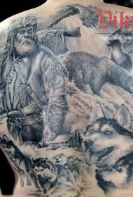 modello realistico di tatuaggio di animali selvatici e cacciatore in stile realistico posteriore