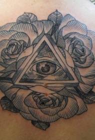 back engraving style black line rose and eye tattoo pattern