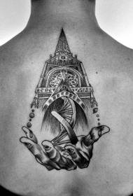 背部雕刻風格黑色中世紀大教堂與手紋身圖案