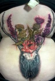 უკან ფერის სტილის დიდი ფერის ირმის თავის ქალა და wildflower tattoo ნიმუში