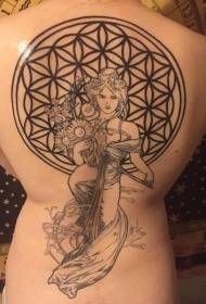 muguras melnas līnijas sieviete un ziedu tetovējuma raksts
