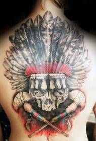 Modello tatuaggio piuma teschio indiano colorato sul retro