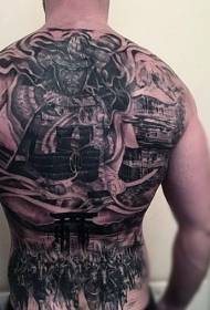 Grouss schwaarz-wäiss Krieger Thema Tattoo Muster op der Réck
