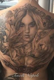 donna misteriosa in stile realistico full back con motivo a tatuaggio lupo e fiore