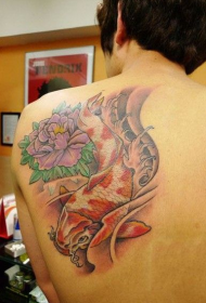 πίσω παραδοσιακή παιωνία λουλούδι καλαμάρι χρώμα τατουάζ μοτίβο