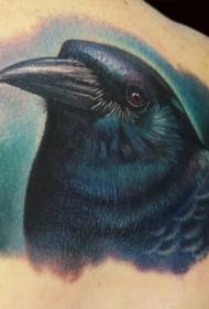 背部插畫風格彩色彩繪的烏鴉紋身圖案
