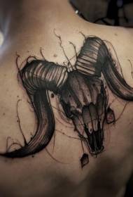 back mysterious black and white sketch style goat skull tattoo pattern