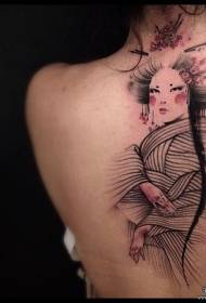 背部线条艺妓彩绘纹身图案