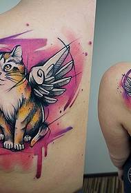 girl back watercolor splash ink cat wings ຮູບແບບ tattoo