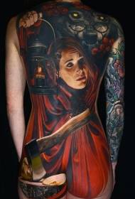 реалістичний стиль кольору жінка татуювання візерунок з вовчої сокирою назад