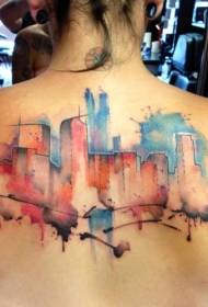 背部城市建筑水彩画风格泼墨纹身图案
