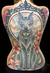 повна спина величезних різнокольорових єгипетських кішок і квіткових візерунок татуювання