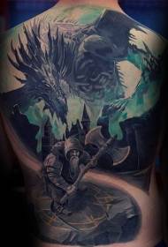 guerriero colorato in stile fantasy posteriore con motivo tatuaggio drago