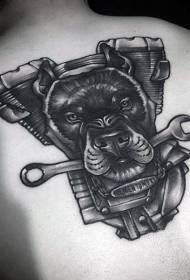 Back black motorcycle engine with dog tattoo pattern