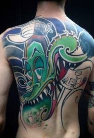 terug gekleurde cartoon stijl groene draak tattoo patroon
